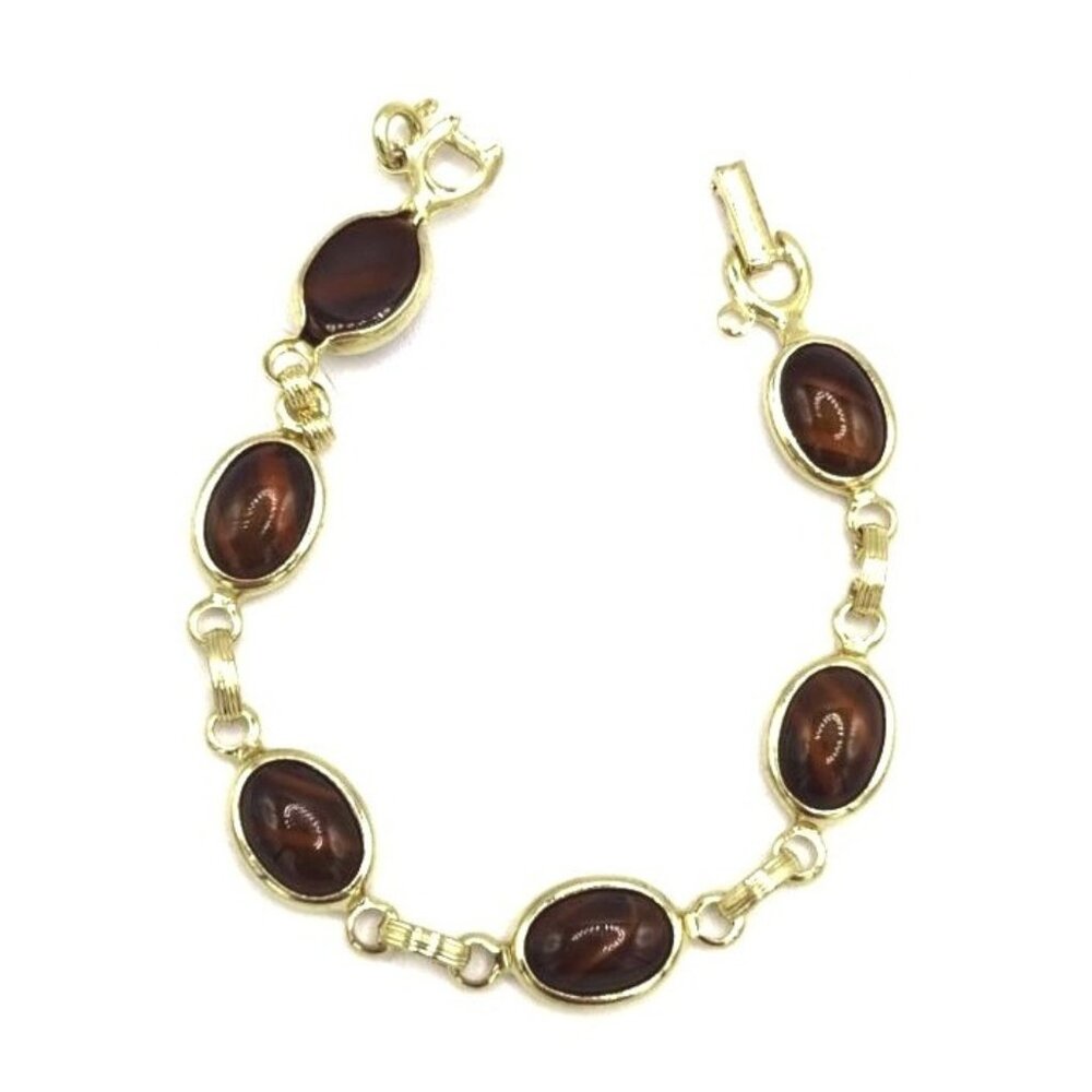 SARAH COVENTRY Brown Marbled Glass Bezel Set Cabochon Bracelet  VTG   Wood Nymph